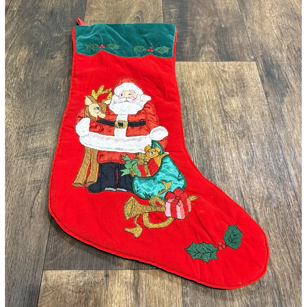 L'art de Chine Embroidered Santa Reindeer Christmas Stocking Red Green 23" Vtg